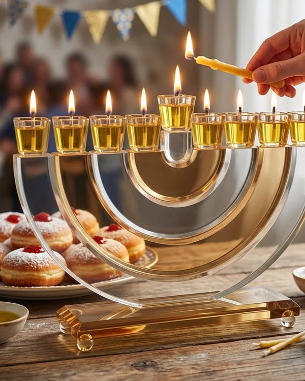 חנוכיה קריסטל חצי עיגול גוון שקוף זהב