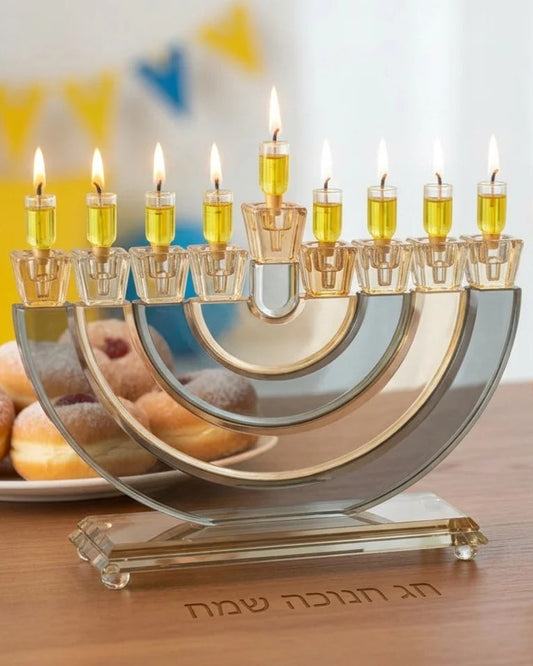 חנוכיה קריסטל חצי עיגול גווני שחור זהב
