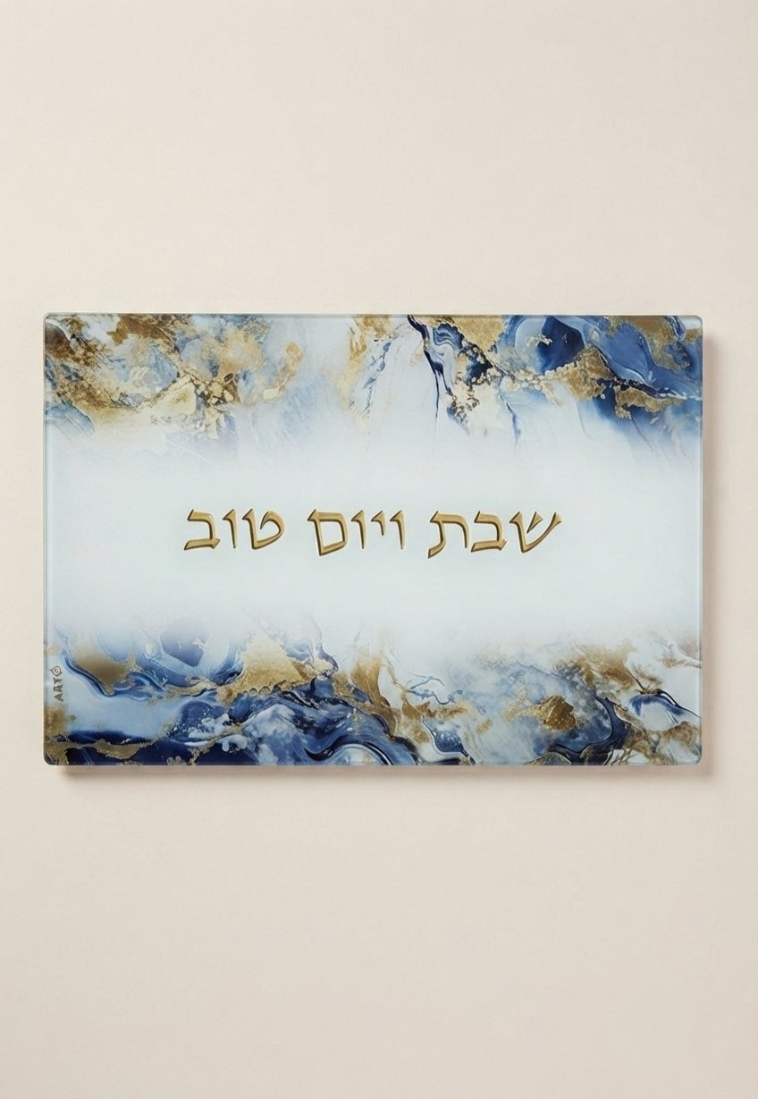מגש לחלה זכוכית עבה בלתי שבירה גווני כחול זהב